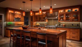 moderno luxo cozinha Projeto com elegante madeira gabinete e mármore pavimentos gerado de ai foto