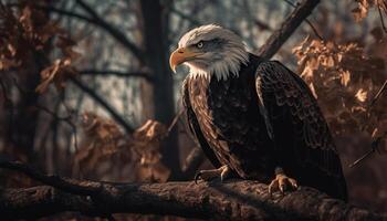 Careca Águia empoleirar-se em filial, majestoso símbolo do americano cultura gerado de ai foto