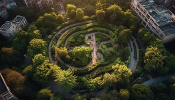 verde floresta crescimento, aéreo Visão do moderno paisagem urbana às pôr do sol gerado de ai foto