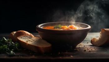 fresco caseiro vegetal sopa servido dentro rústico de madeira tigela gerado de ai foto