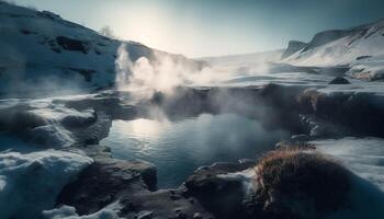 majestoso montanha faixa, tranquilo cena, fluindo água, beleza dentro natureza gerado de ai foto