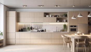 moderno doméstico cozinha Projeto com elegante madeira material e mármore pavimentos gerado de ai foto