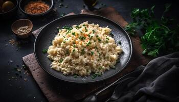 saudável caseiro vegetariano risoto com fresco salsinha e parmesão queijo gerado de ai foto