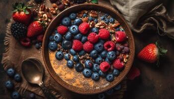 rústico tigela do orgânico baga fruta e granola café da manhã cereal gerado de ai foto