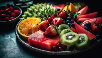 fresco baga salada prato com multi colori fruta e iogurte beber gerado de ai foto