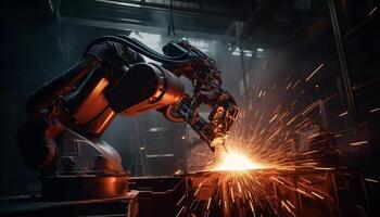 automatizado robótico braço soldas metal dentro futurista aço fábrica gerado de ai foto