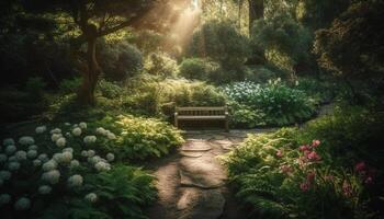 tranquilo cena do uma formal jardim com uma Banco debaixo luz solar gerado de ai foto