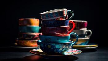 multi colori louça pilha em de madeira mesa, cerâmica caneca coleção decoração gerado de ai foto