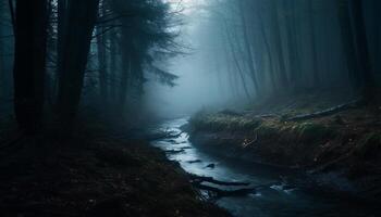 tranquilo cena do uma misterioso floresta dentro outono Sombrio beleza gerado de ai foto