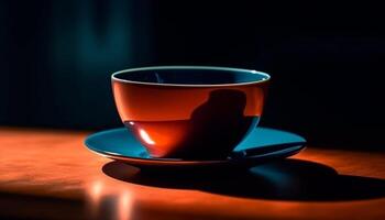 quente café dentro azul caneca em de madeira placa, elegante ainda vida gerado de ai foto