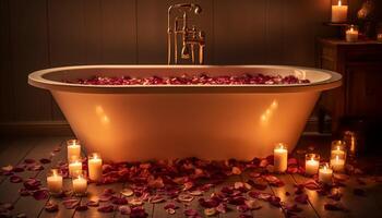 luxo spa tratamento luz de velas, rosa pétalas, brilhando chama, confortável banheira gerado de ai foto