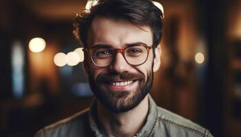 confiante jovem homem de negocios com à moda barba e cheio de dentes sorrir dentro de casa gerado de ai foto