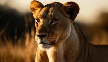 majestoso leoa encarando às Câmera dentro africano região selvagem às pôr do sol gerado de ai foto