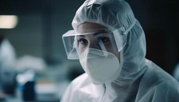 caucasiano cientista dentro cirúrgico mascarar analisando bactéria dentro laboratório equipamento generativo ai foto