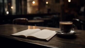 café copo em de madeira mesa, lendo livro dentro acolhedor cafeteria generativo ai foto