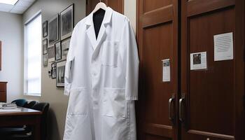 médico especialista dentro laboratório casaco em pé com confiança dentro hospital escritório generativo ai foto