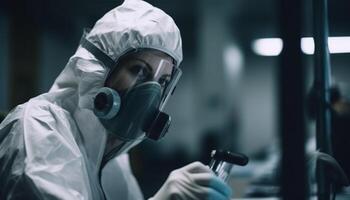 cientista analisando bactéria com protetora vestuário de trabalho dentro laboratório meio Ambiente generativo ai foto