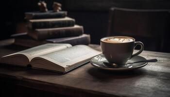 velho formado café caneca em rústico de madeira mesa para estudando conforto generativo ai foto