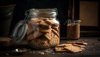 caseiro gourmet aveia bolacha em rústico mesa, fechar acima Doçura generativo ai foto