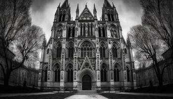 medieval Mosteiro fachada, gótico pináculos, românico arcos, Eterno espiritualidade generativo ai foto