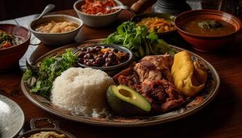 gourmet grelhado bife e vegetal taco em uma de madeira prato generativo ai foto