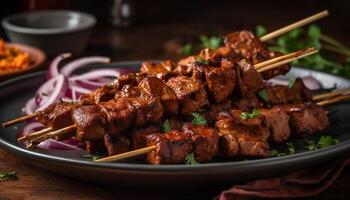 grelhado espetos do carne de porco, carne bovina, e frango com salgado molho generativo ai foto