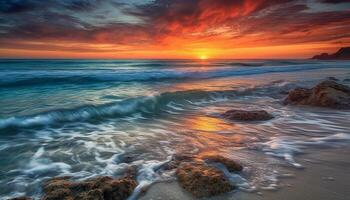 multi colori céu reflete em tranquilo águas às crepúsculo em litoral generativo ai foto
