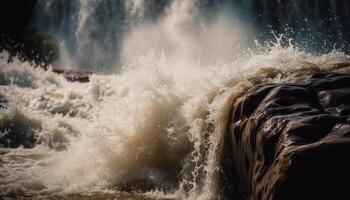 rude mares spray espuma em ampla rochas, exibindo natureza força generativo ai foto