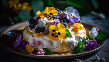 recentemente cozido caseiro sobremesa com baga fruta e flor decoração generativo ai foto