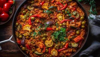 saudável paella refeição com frutos do mar, vegetais, e fresco ingredientes generativo ai foto