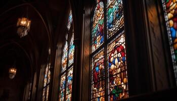 vidro janela, religioso arquitetura, gótico estilo, espiritualidade, história generativo ai foto