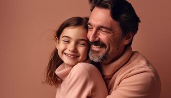 sorridente família abraços amor e felicidade dentro estúdio retrato juntos gerado de ai foto