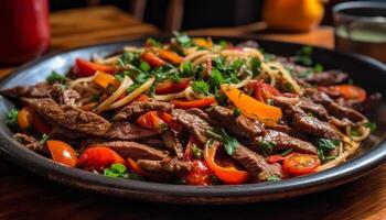 grelhado carne bife com fresco vegetal salada em rústico prato gerado de ai foto