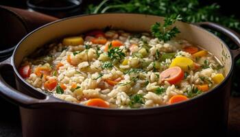 saudável vegetariano risoto com fresco legumes e ervas, pronto para comer gerado de ai foto