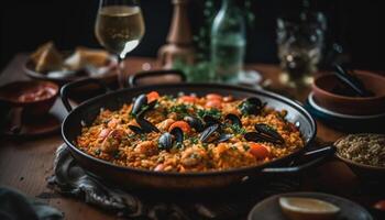 fresco frutos do mar paella cozinhou em madeira, uma gourmet refeição servido gerado de ai foto