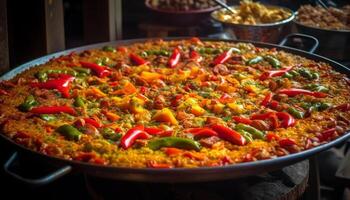 saudável gourmet vegetariano paella com fresco frutos do mar e açafrão especiaria gerado de ai foto