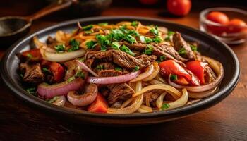 grelhado carne e legumes em de madeira placa, pronto para comer gerado de ai foto