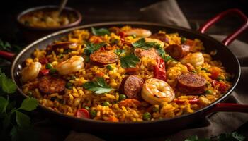 saudável paella refeição cozinhou com frutos do mar, carne, e legumes gerado de ai foto