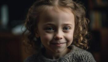 fofa menina com Castanho cabelo sorridente, olhando às Câmera alegremente gerado de ai foto