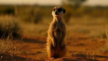 meerkat em pé alerta, assistindo pôr do sol, exibindo Boa postura gerado de ai foto