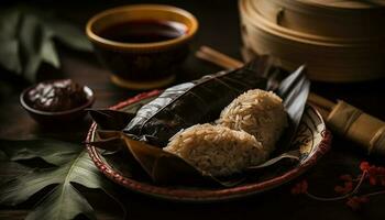 cozido no vapor carne de porco dumplings, uma chinês Comida grampo, em de madeira prato gerado de ai foto