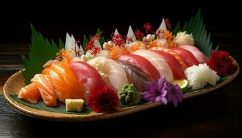 saudável almoço maki Sushi, nigiri, salada, e wasabi molho refresco gerado de ai foto