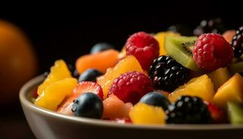 colorida fruta salada com fresco bagas, Melão, e kiwi fatias gerado de ai foto