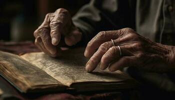 Senior adulto lendo Bíblia, segurando Deus sabedoria fechar acima dentro de casa gerado de ai foto