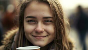 1 despreocupado mulher segurando café, desfrutando calor e natureza beleza gerado de ai foto