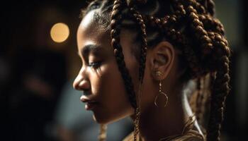 lindo jovem africano mulher com Castanho cabelo e colar sorridente gerado de ai foto