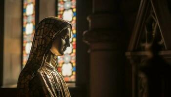 majestoso estátua do Deus dentro gótico estilo capela ilumina espiritualidade gerado de ai foto