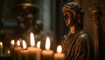 católico capela iluminado de luz de velas, estátua segurando Bíblia simboliza amor gerado de ai foto