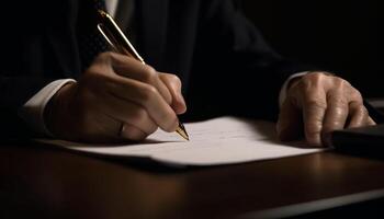 homem de negocios assinatura contrato com caneta em papel às escrivaninha dentro de casa gerado de ai foto