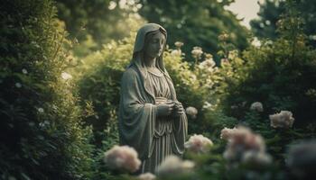 pôr do sol ilumina tranquilo estátua do mãe meditando dentro formal jardim gerado de ai foto